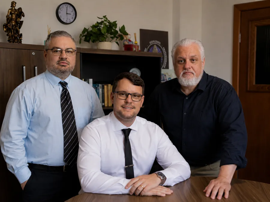 Os advogados Fernando Fabre, Matheus Stein e Asterley Kincezski no escritório KFS, em Florianópolis